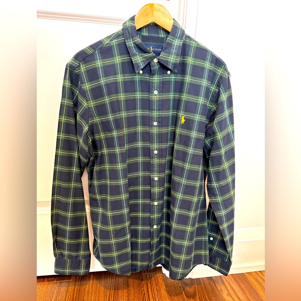 Ralph Lauren size large, button down shirt, chequered green plad tartan